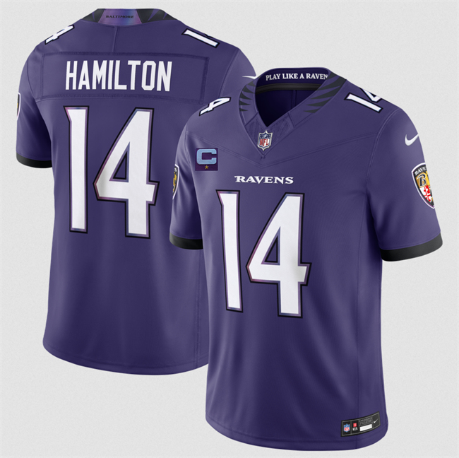 Men's Purple Baltimore Ravens #14 Kyle Hamilton 2026 With 1-Star C Patch F.U.S.E Vapor Stitched Limited Football Jersey